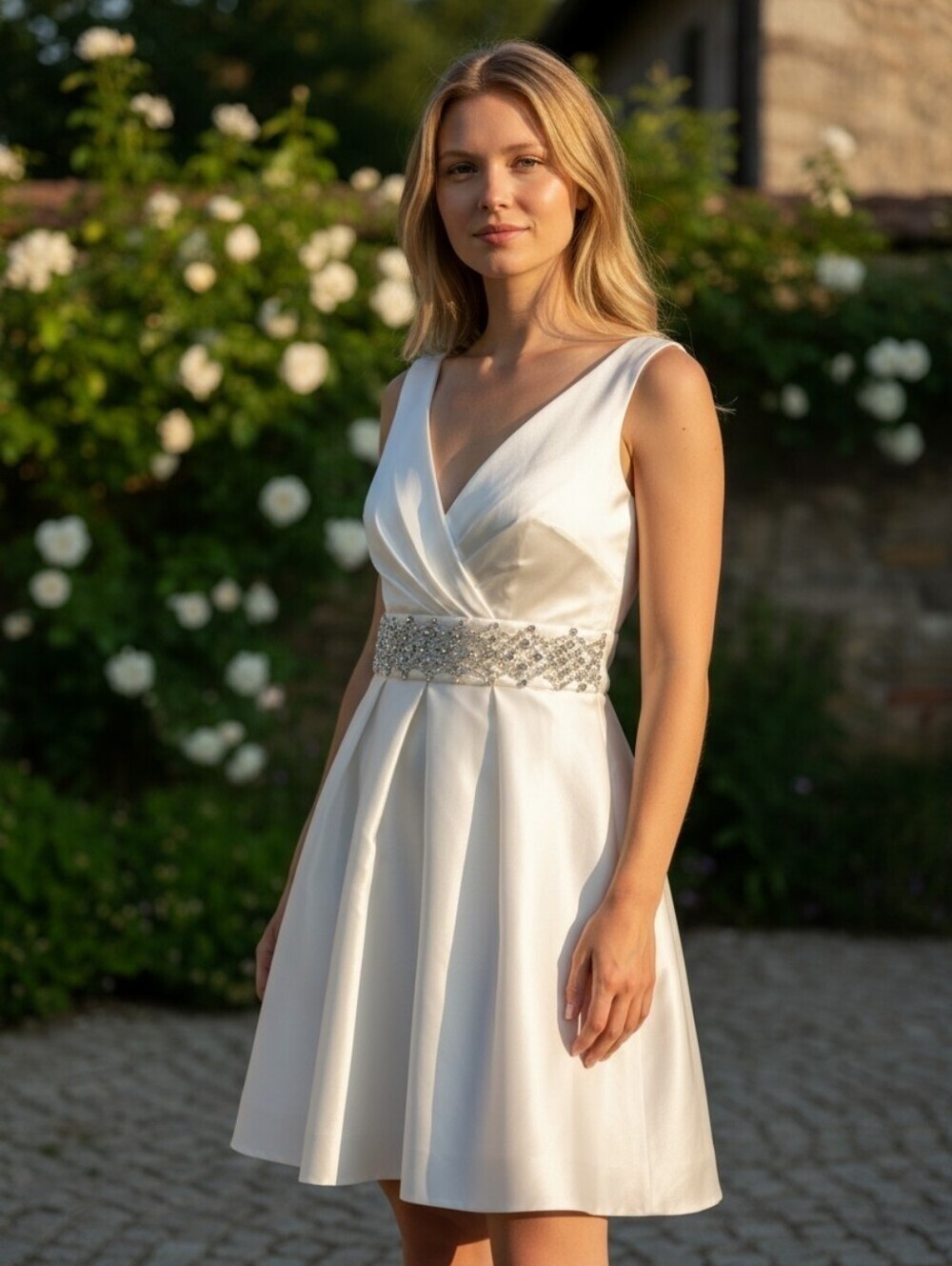 Suzi Chin for Maggy Boutique Vintage Ivory Beaded Waist Silk V-Neck Midi Dress
